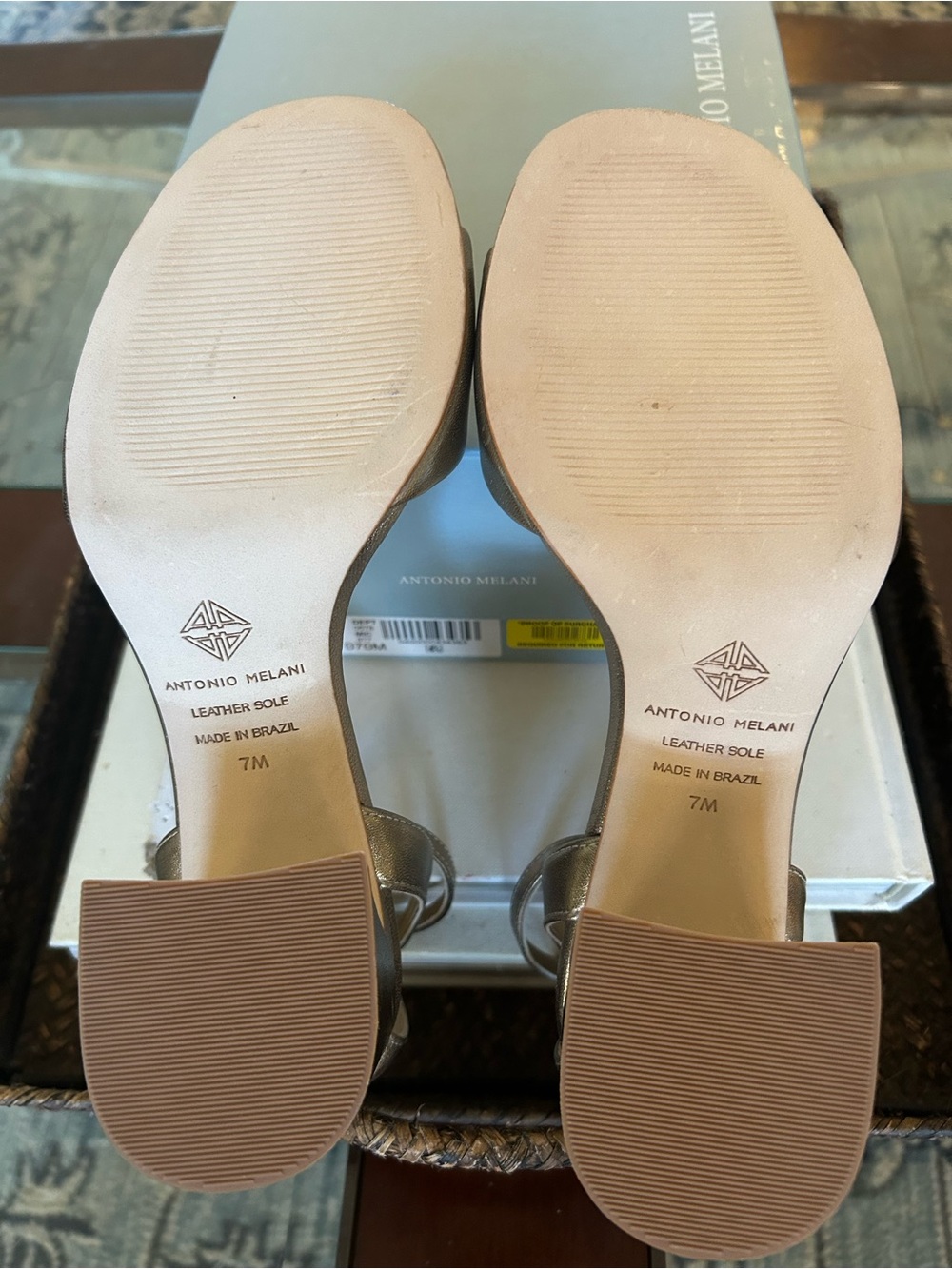 ANTONIO MELANI Metallic Gold Block Heel Sandals - Picture 7 of 9